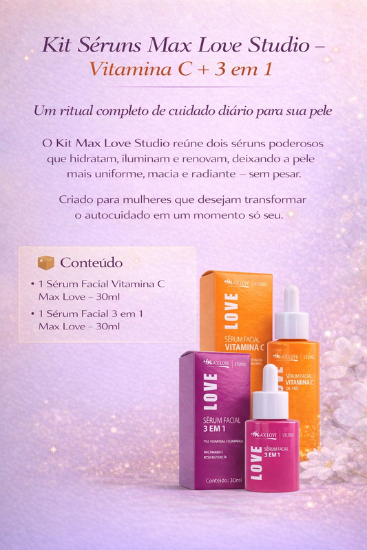 Imagem promocional do Kit Séruns Max Love Studio com Vitamina C e Sérum 3 em 1