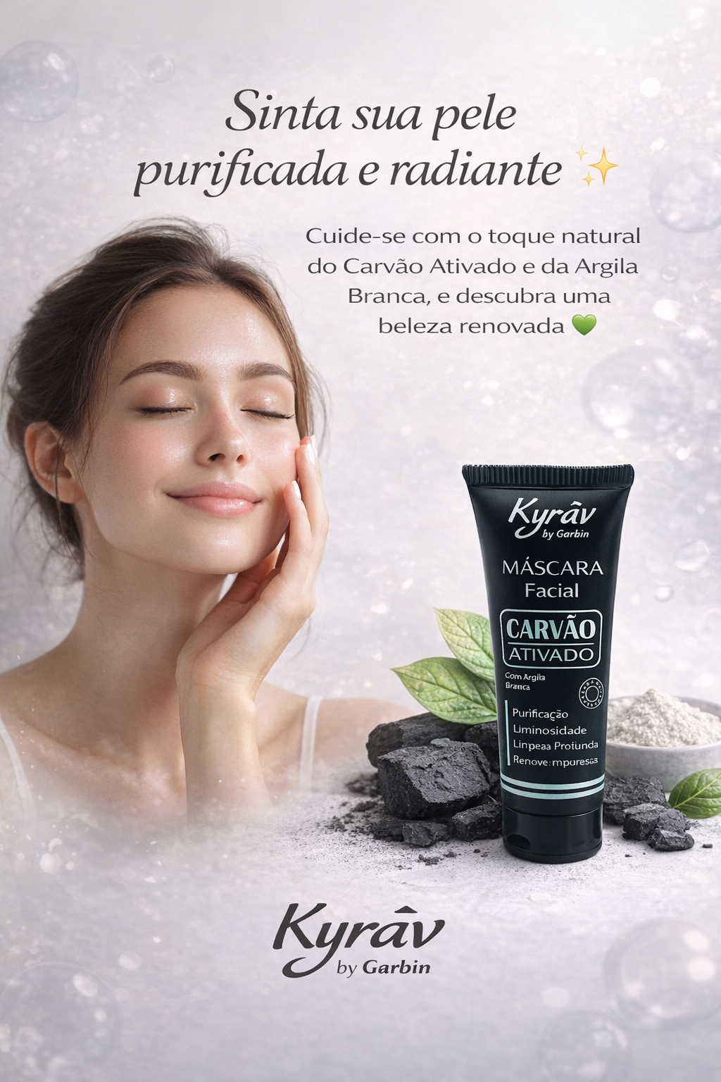 Imagem com apelo emocional mostrando pele limpa, leve e radiante após uso da máscara facial Kyràv.