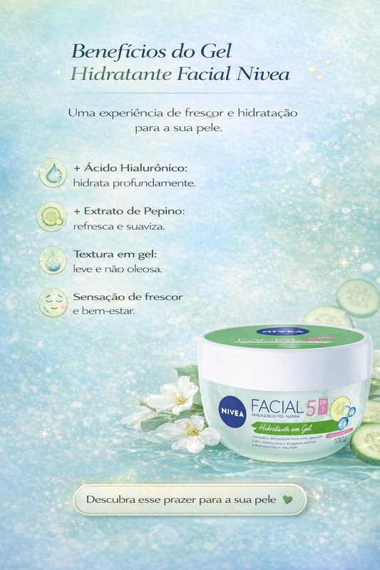Mulher com pele hidratada e fresca ao lado do Gel Hidratante Facial Nivea Ácido Hialurônico e Pepino 100g, sensação leve e refrescante.