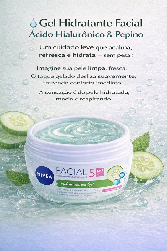 Embalagem do Gel Hidratante Facial Nivea Ácido Hialurônico e Pepino 100g em fundo azul suave.